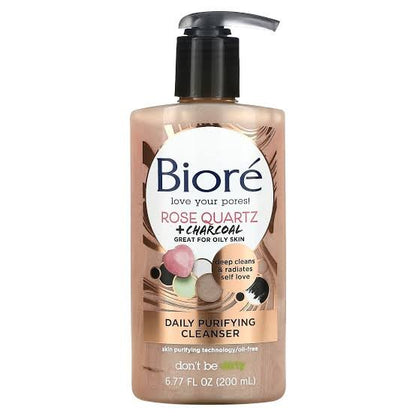 Biore Rose Quartz + Charcoal Oil-Free Daily Purifying Cleanser, for Oily Skin, 6.77 fl oz - Ome's Beauty Mart