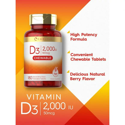 Carlyle Vitamin D3 2000 IU (50 mcg) | Natural Berry Flavor | 180 Chewable Tablets Exp July 2025 - Ome's Beauty Mart