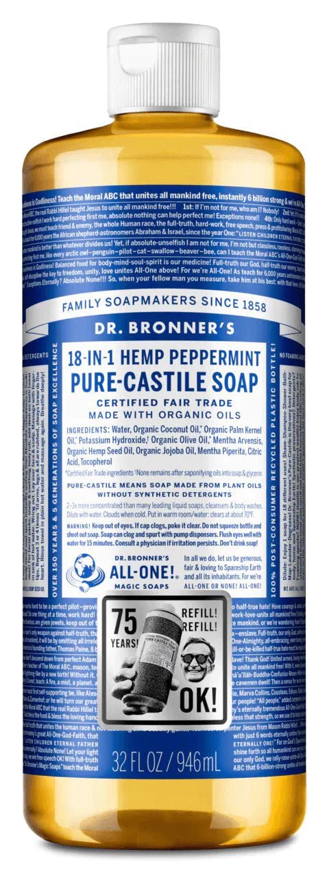 Dr. Bronner's 18-in-1 Hemp Peppermint Pure-Castile Soap 32oz - Ome's Beauty Mart