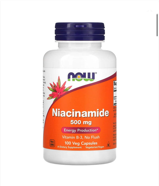 NOW Niacinamide, 500 mg, Vitamin B-3 No Flush, 100 Veg Capsules - Ome's Beauty Mart