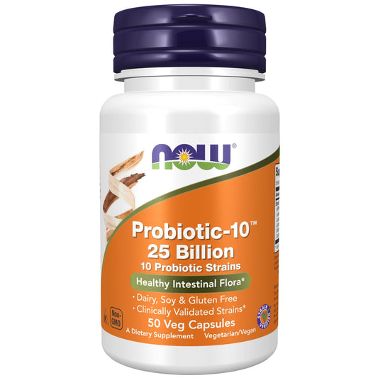 NOW Probiotic-10 25 Billion CFU | 10 Probiotic Strains | Healthy Intestinal Flora | 50 Veg Capsules - Ome's Beauty Mart