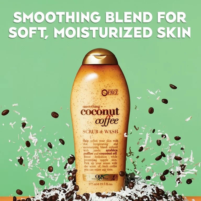 OGX Smoothing + Coconut Coffee Exfoliating Body Scrub with Arabica Coffee & Coconut Oil, Paraben-Free with Sulfate-Free Surfactants, 19.5 Fl Oz - Ome's Beauty Mart