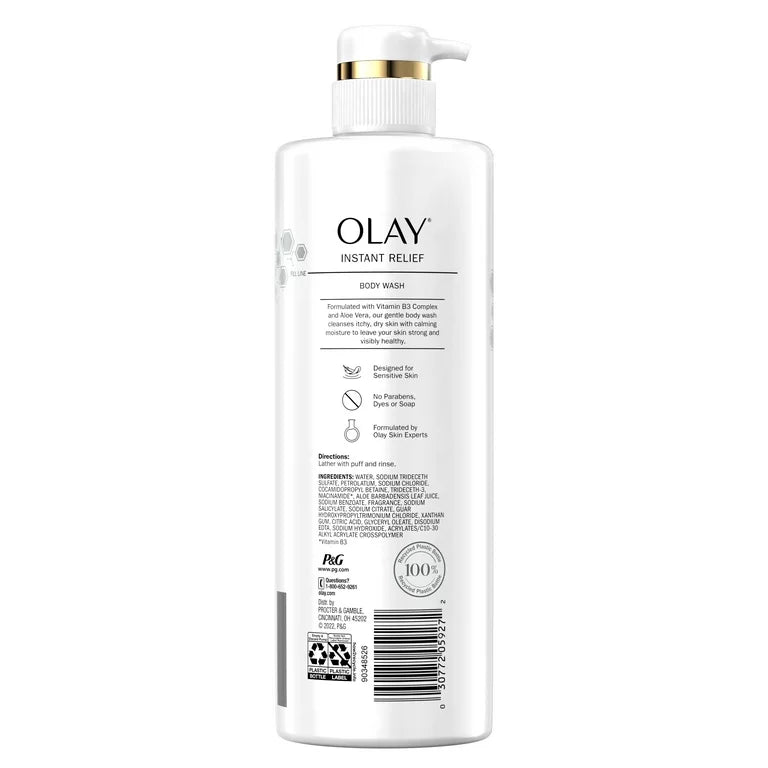 Olay Instant Relief Body Wash for Dry Itchy Skin | with Vitamin B3 Complex and Aloe Vera | Sensitive Skin | 20 fl oz (591 ml) - Ome's Beauty Mart