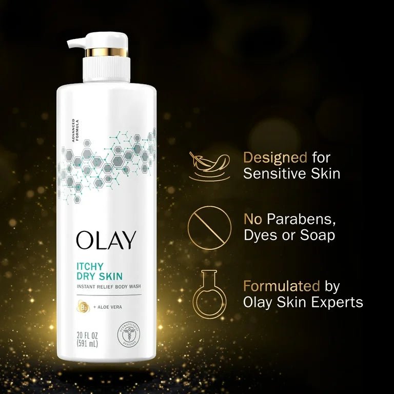 Olay Instant Relief Body Wash for Dry Itchy Skin | with Vitamin B3 Complex and Aloe Vera | Sensitive Skin | 20 fl oz (591 ml) - Ome's Beauty Mart