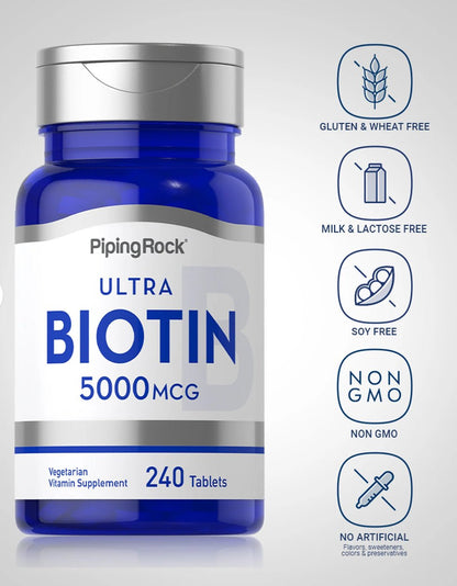PipingRock Ultra Biotin 5000 mcg |240 Tablets (Exp Dec 2025) - Ome's Beauty Mart