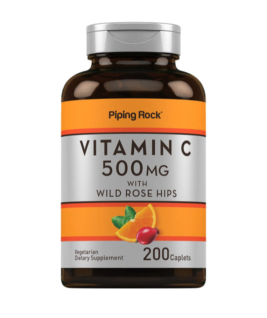 PipingRock Vitamin C 500 mg with Wild Rose Hips | 200 Caplets Exp 12/2026 - Ome's Beauty Mart